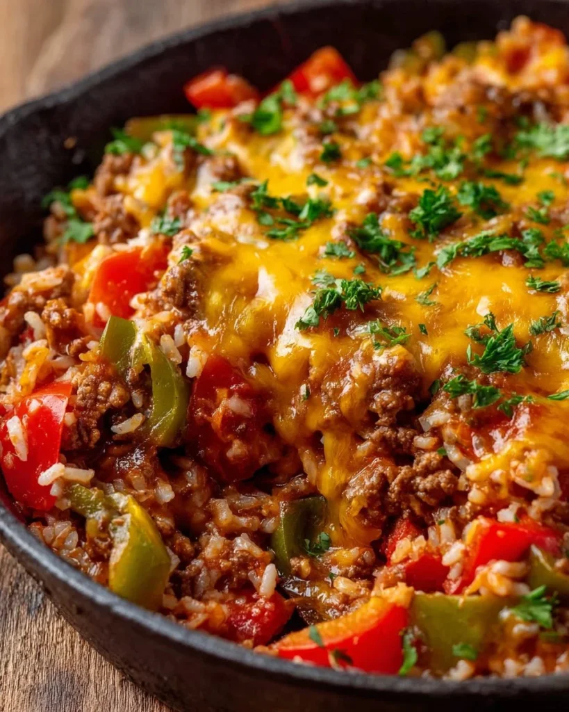 A colorful unstuffed pepper skillet with vibrant vegetables and ground meat.