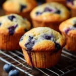 Freshly baked vanilla blueberry muffins on a rustic wooden table