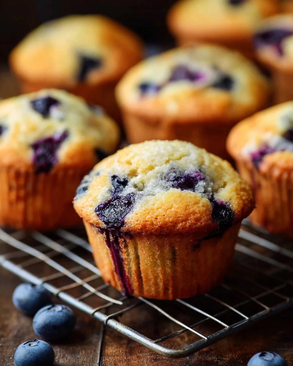 Freshly baked vanilla blueberry muffins on a rustic wooden table