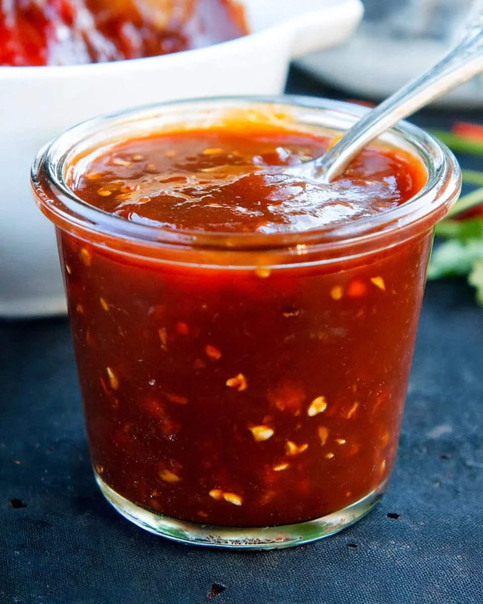 Delicious vegan barbecue sauce in a jar with fresh herbs and spices