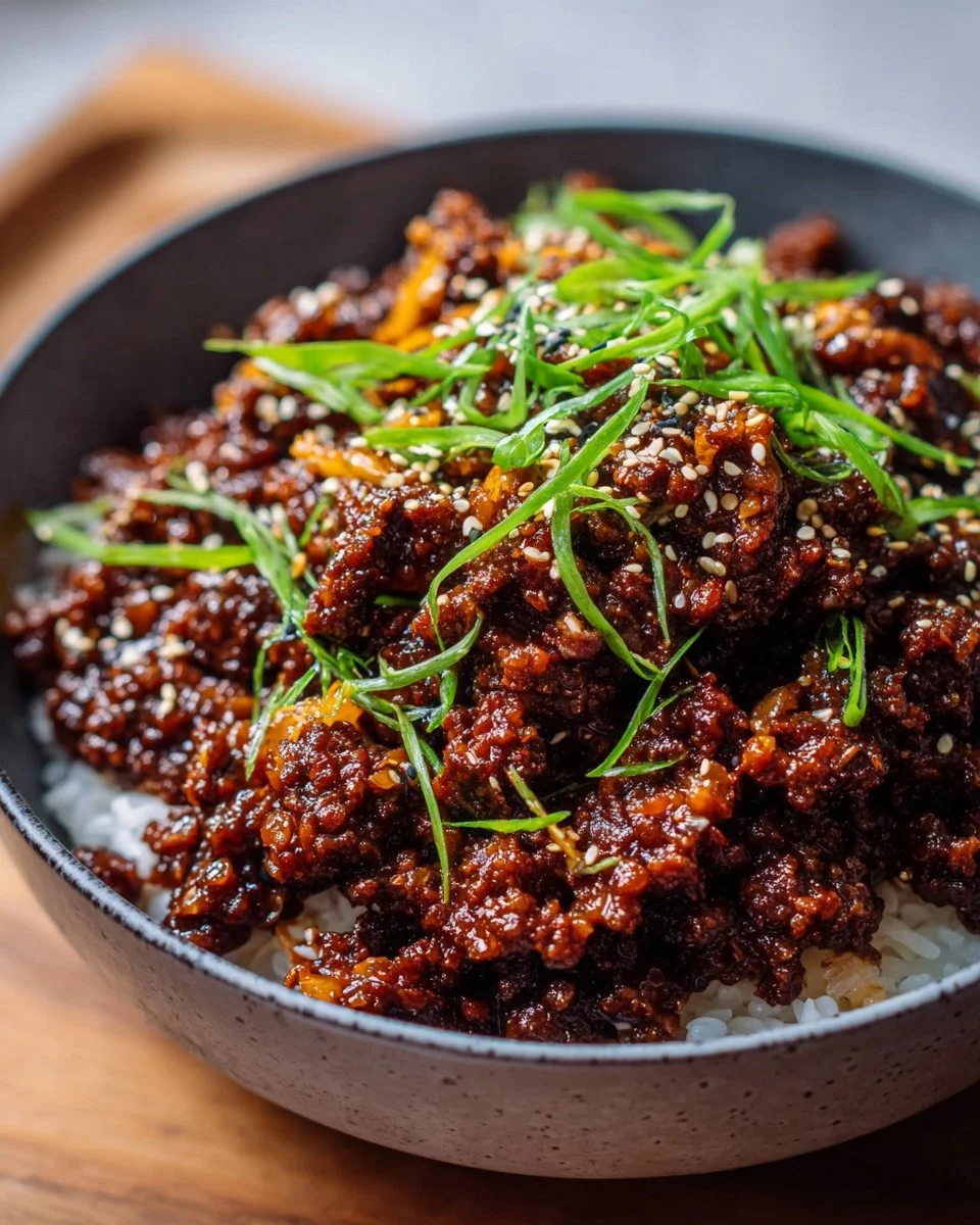 Delicious vegan Korean bulgogi lentils served in a bowl with fresh vegetables