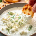 Delicious whipped feta dip served in a bowl with pita bread and fresh vegetables.
