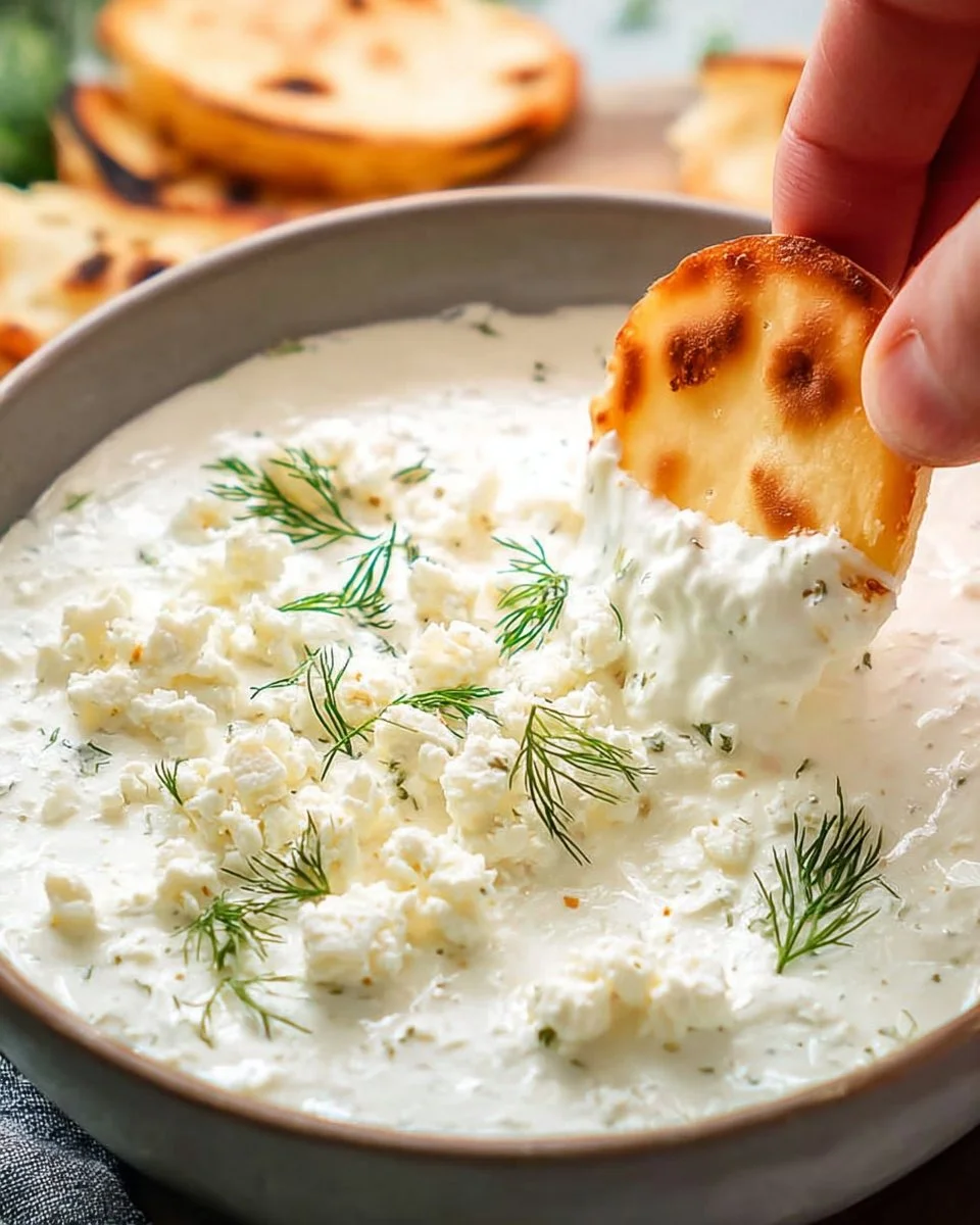 Delicious whipped feta dip served in a bowl with pita bread and fresh vegetables.