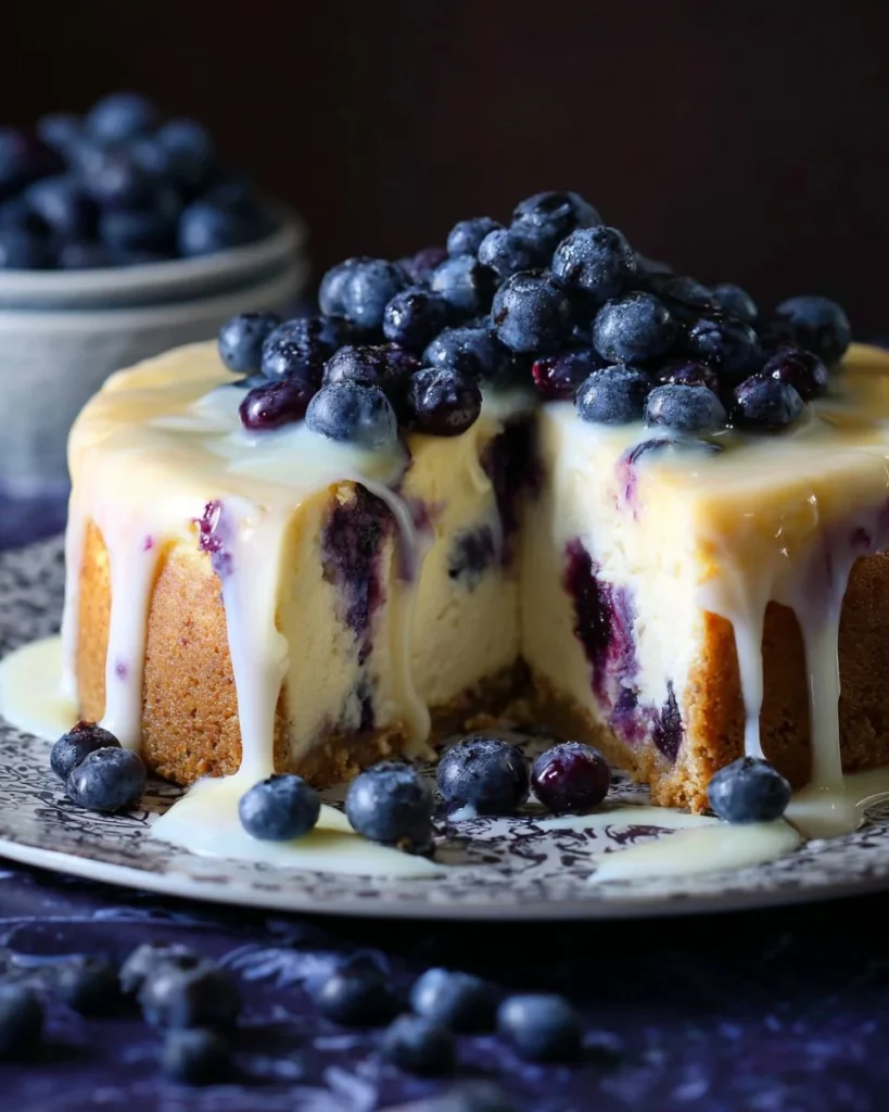 Delicious white chocolate blueberry cheesecake slice on a plate