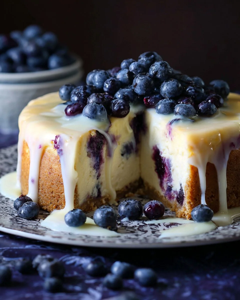 Delicious white chocolate blueberry cheesecake slice on a plate