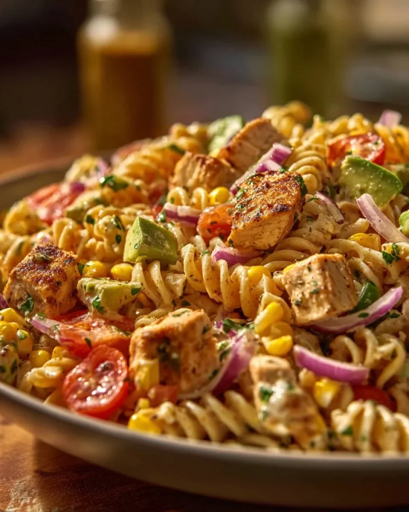 Delicious BBQ Chicken Pasta Salad with vibrant colors and fresh ingredients.