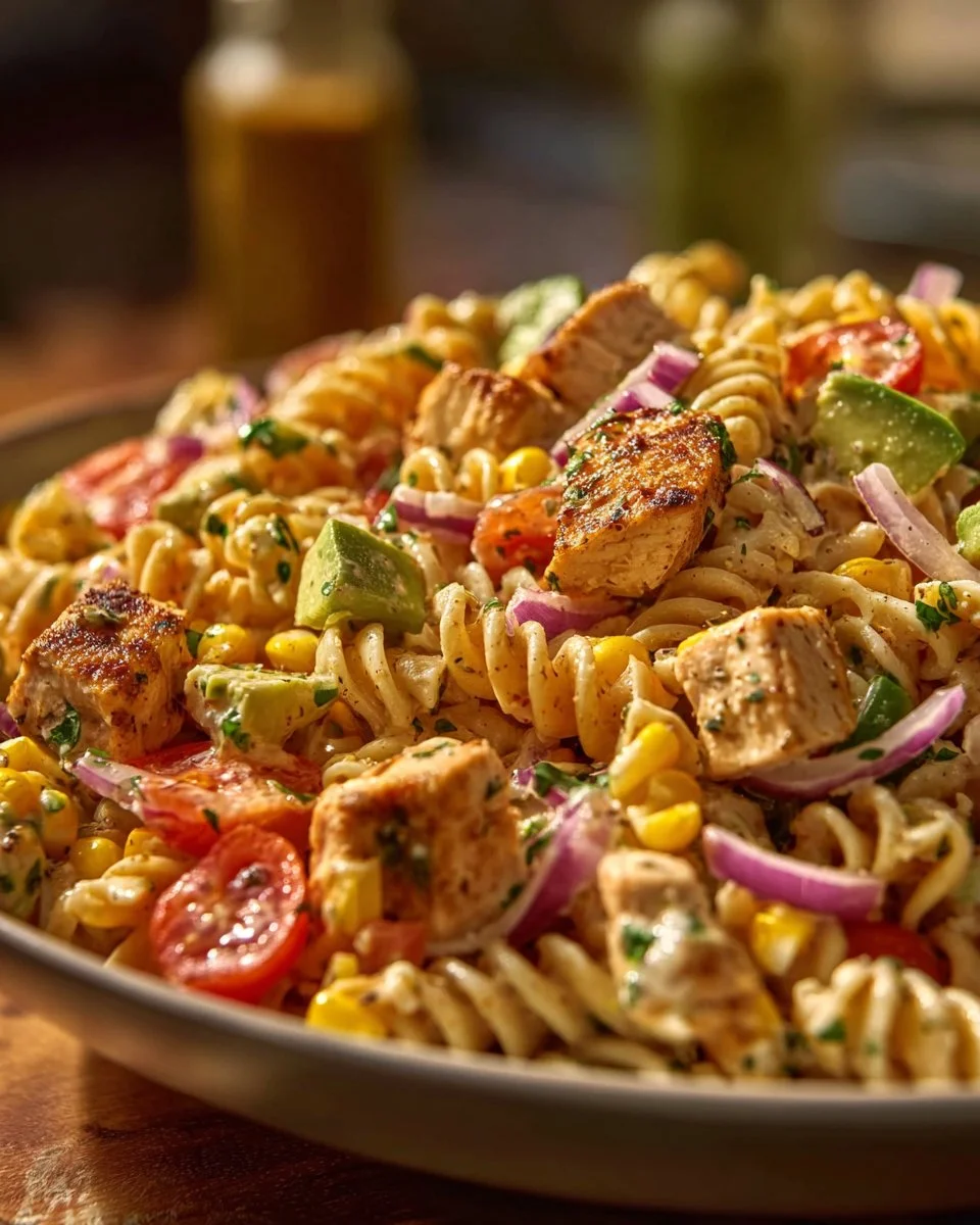 Delicious BBQ Chicken Pasta Salad with vibrant colors and fresh ingredients.