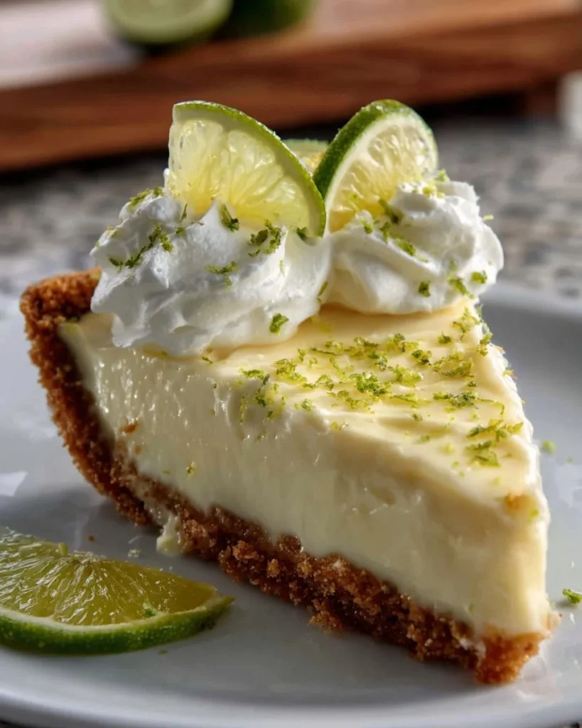 Delicious zesty Key Lime Pie with a graham cracker crust and lime garnishes