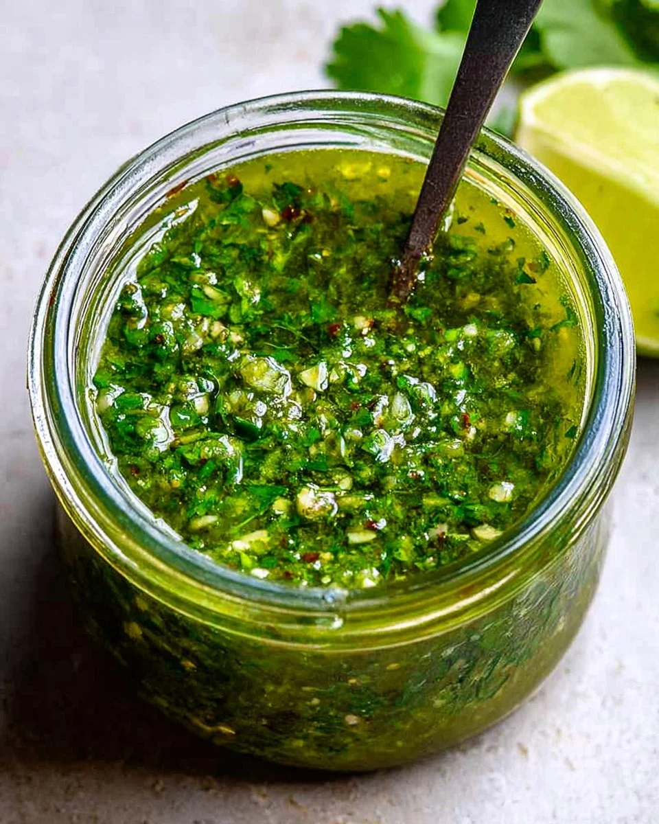Zhoug Spicy Cilantro Sauce in a small dish with fresh ingredients around it.