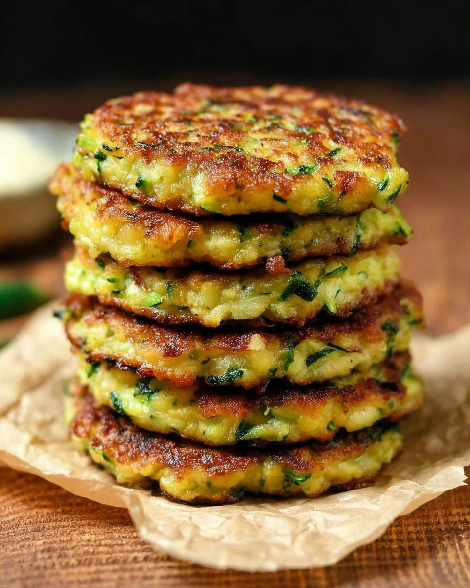 Delicious homemade zucchini fritters on a plate, garnished with herbs.