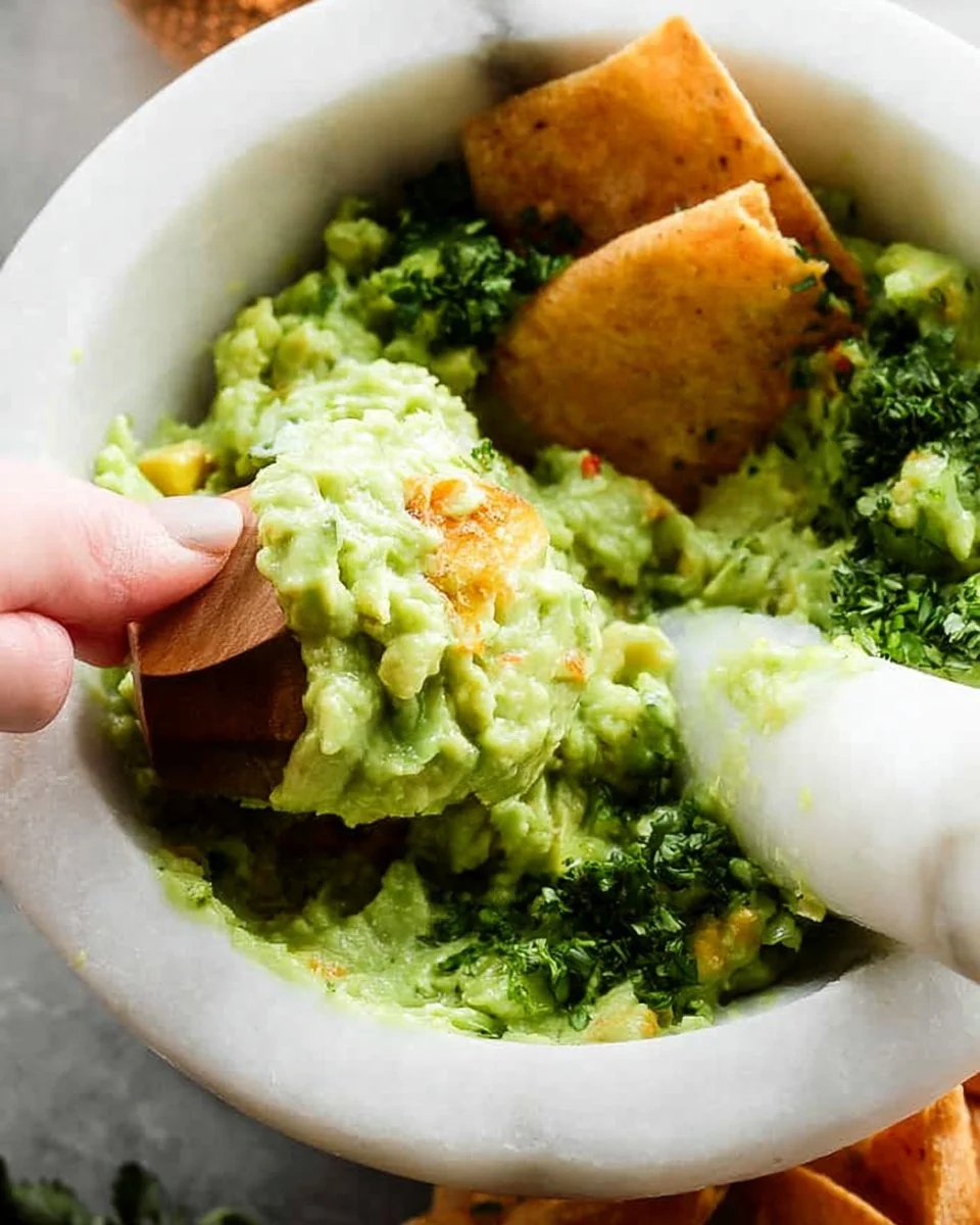 Delicious 4 ingredient guacamole served in a bowl with tortilla chips
