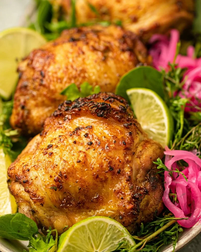 Golden brown air fryer chicken thighs served with fresh herbs and vegetables.