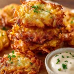 Crispy Amish onion fritters served on a plate, garnished with herbs