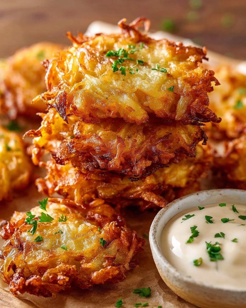 Crispy Amish onion fritters served on a plate, garnished with herbs