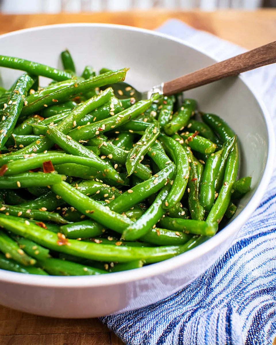 Bowl of Asian green bean salad with colorful vegetables and dressing