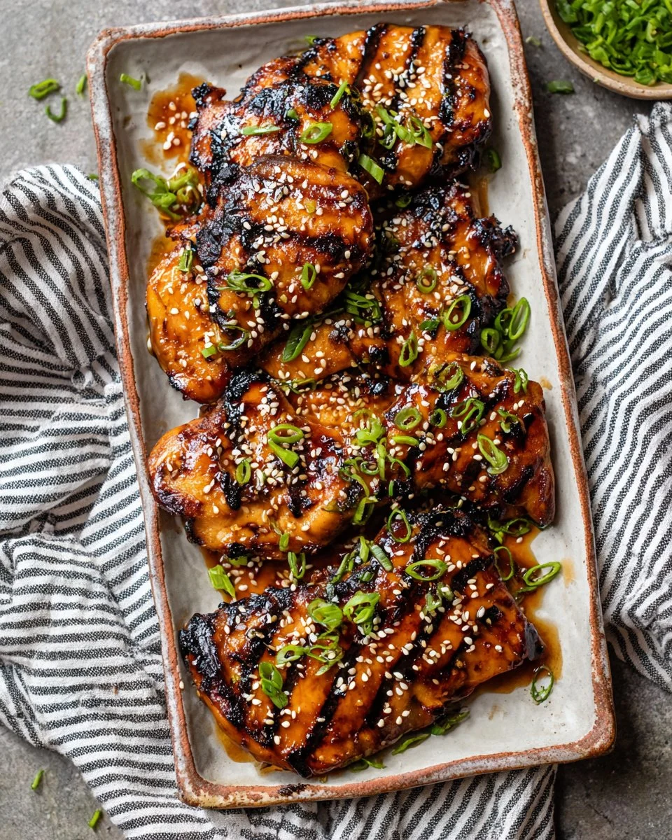 Asian grilled chicken served on a plate with colorful vegetables.