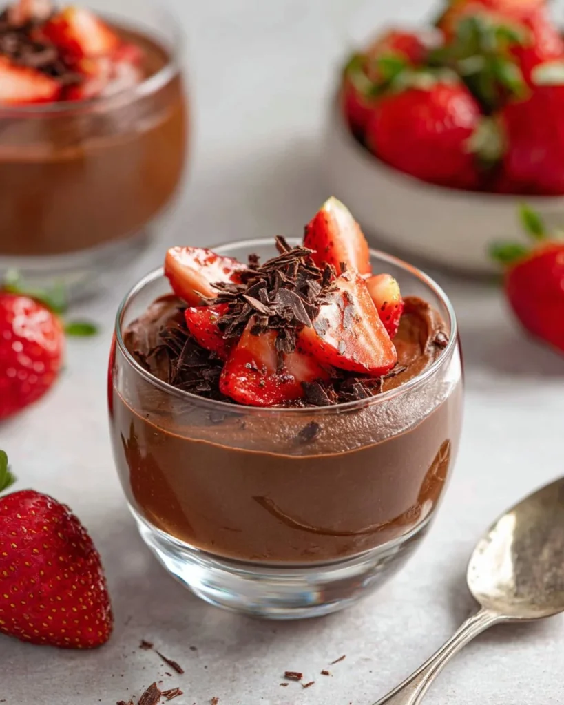 Delicious avocado chocolate mousse dessert served in a glass.