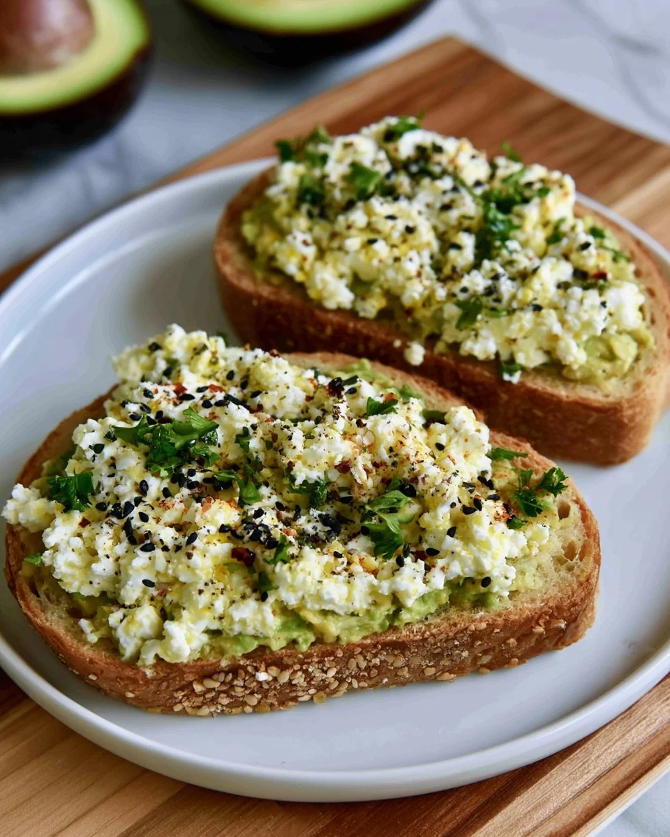 Avocado Cottage Cheese Toast topped with fresh ingredients on whole grain bread.