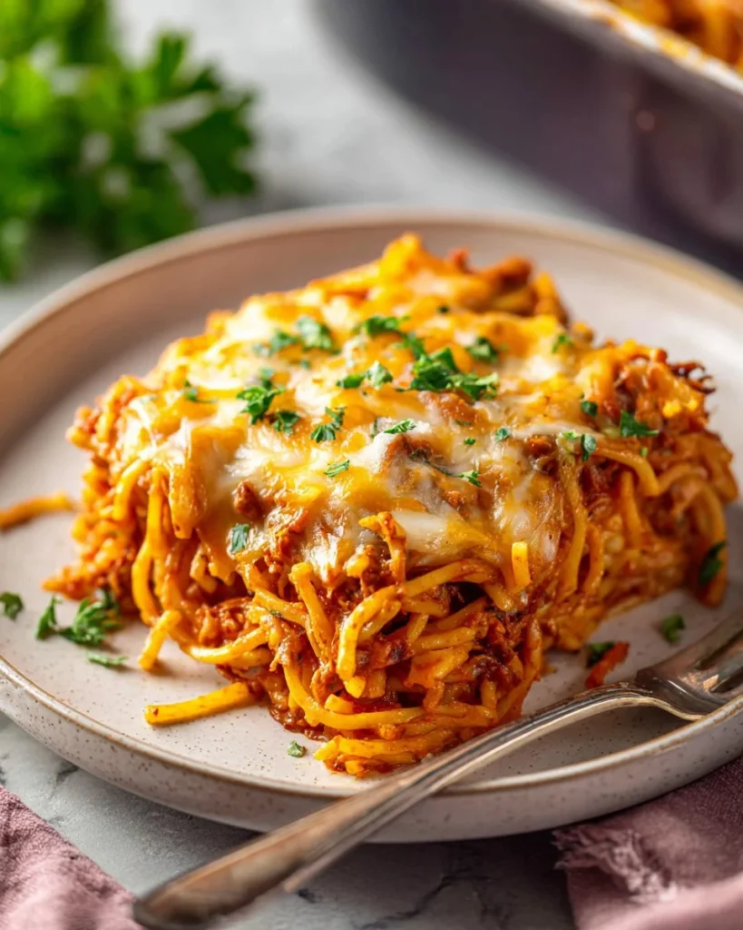 Delicious Baked Spaghetti topped with melted cheese and herbs