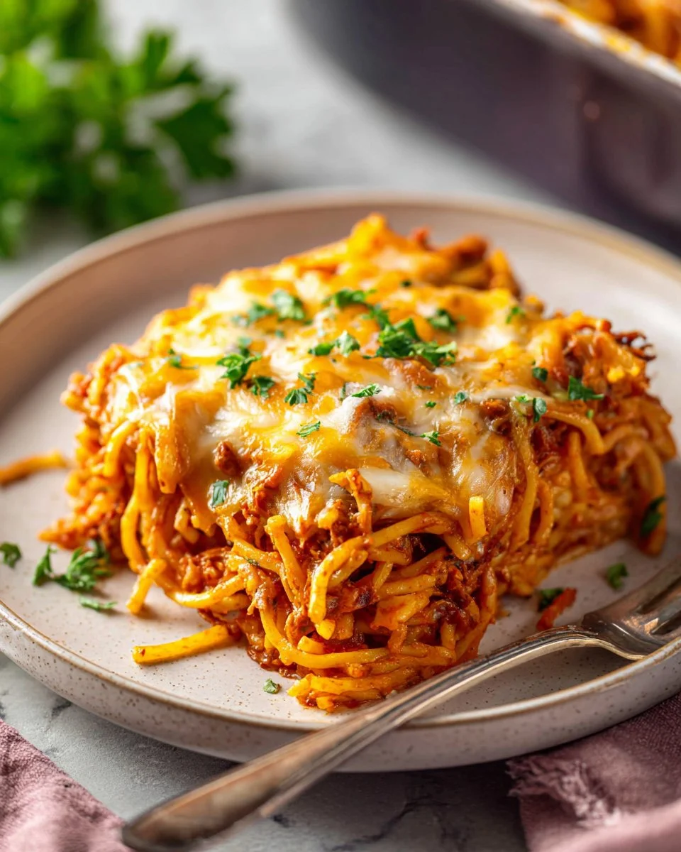Delicious Baked Spaghetti topped with melted cheese and herbs
