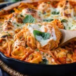 Baked Tortellini Casserole topped with cheese and herbs in a baking dish