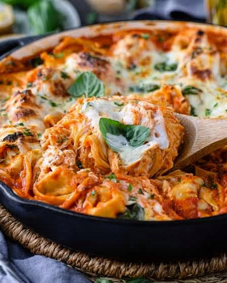 Baked Tortellini Casserole topped with cheese and herbs in a baking dish