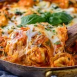 Baked Tortellini Casserole topped with cheese and herbs in a serving dish.