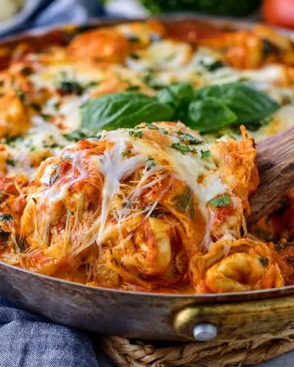 Baked Tortellini Casserole topped with cheese and herbs in a serving dish.