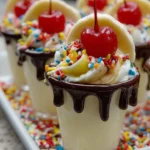 Banana Split Jello-Shots served in colorful cups with whipped cream and sprinkles.