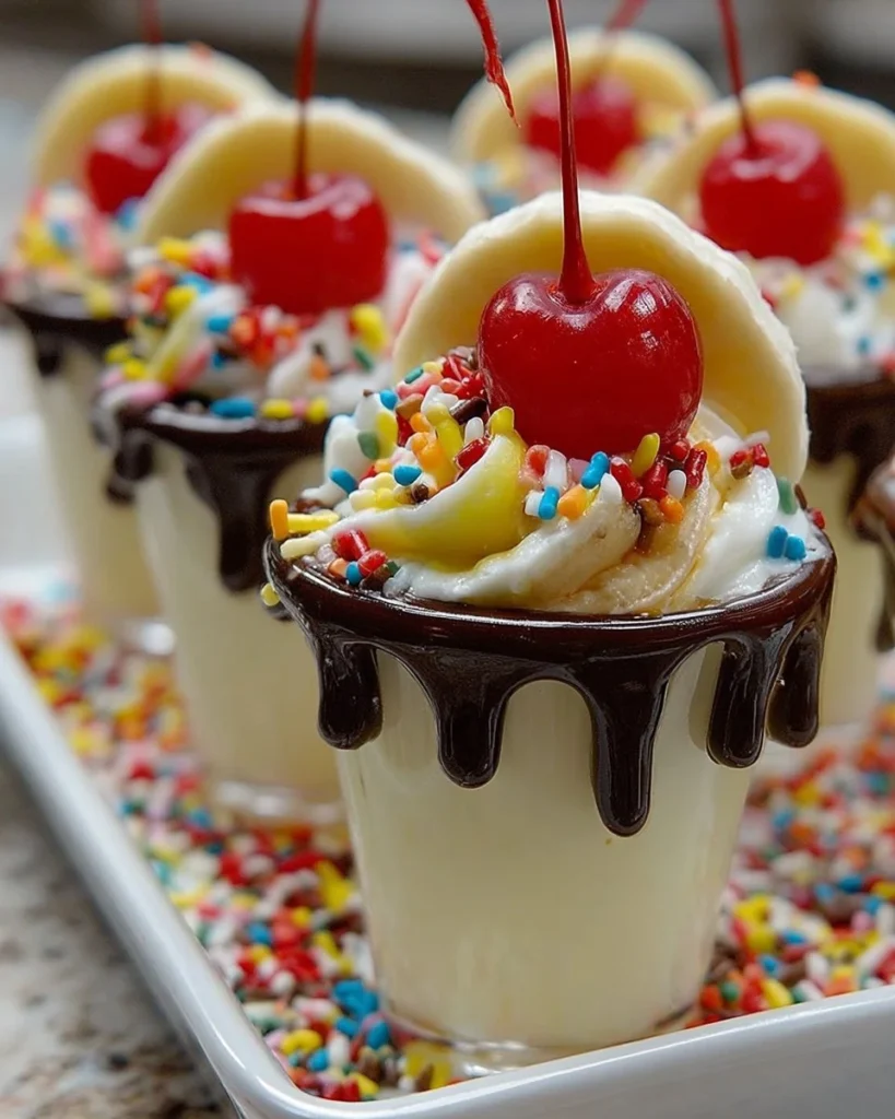 Banana Split Jello-Shots served in colorful cups with whipped cream and sprinkles.
