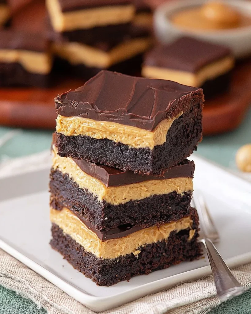 Decadent Buckeye Brownies topped with creamy peanut butter and chocolate glaze.