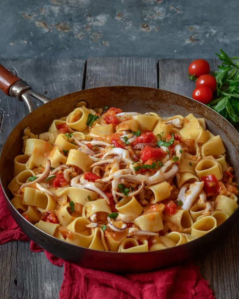 Calamarata Pasta with Squid and Tomato Sauce beautifully presented on a plate