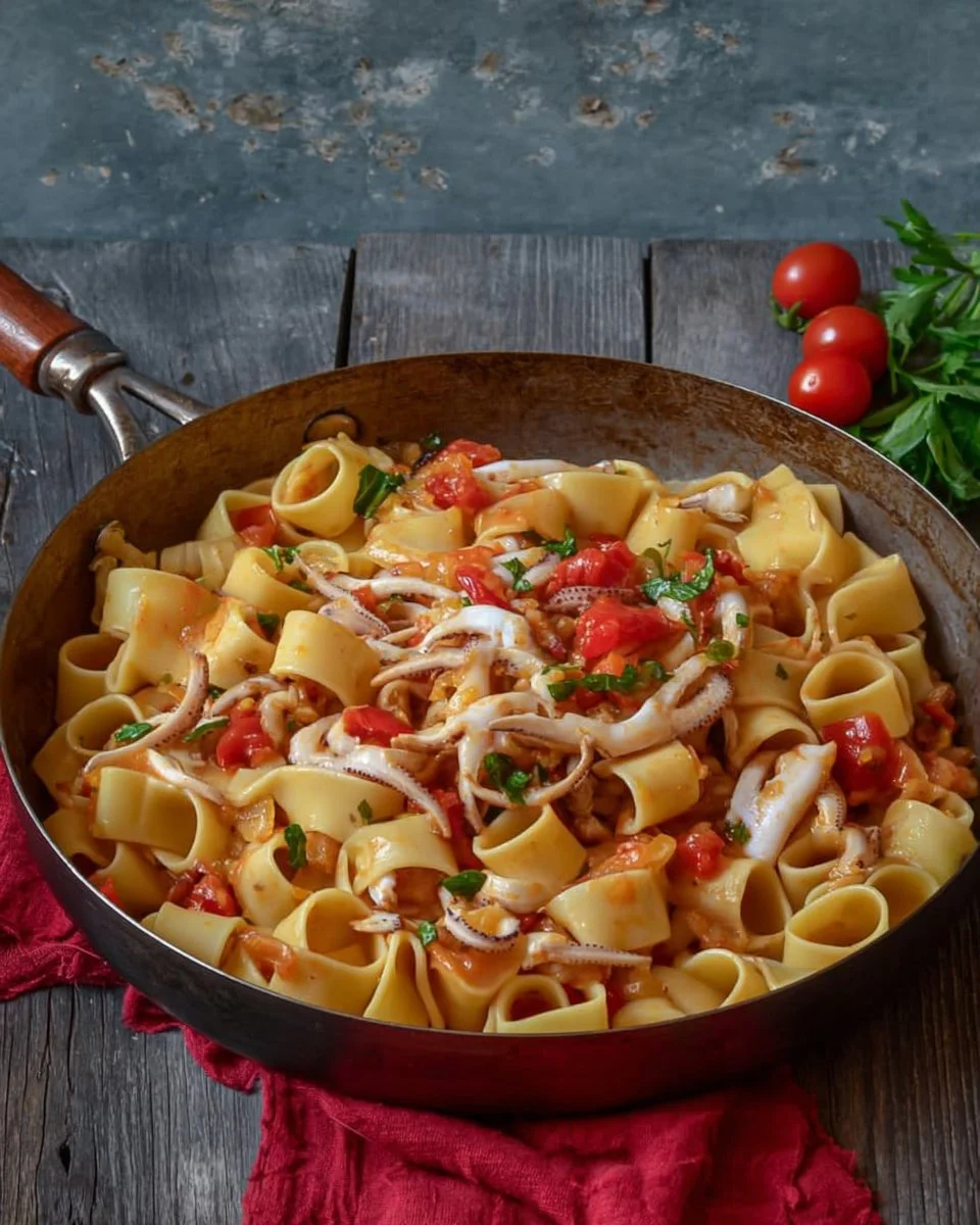 Calamarata Pasta with Squid and Tomato Sauce beautifully presented on a plate
