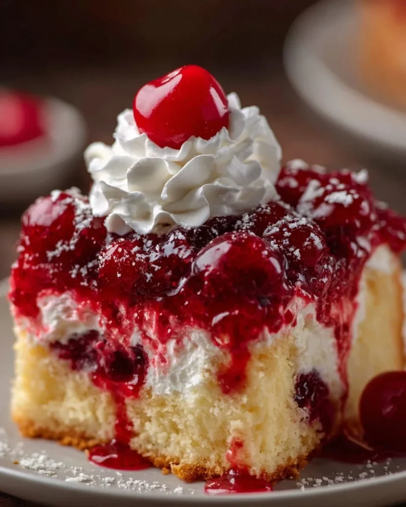 Delicious Cherry Cheesecake Poke Cake topped with fresh cherries and cream cheese frosting
