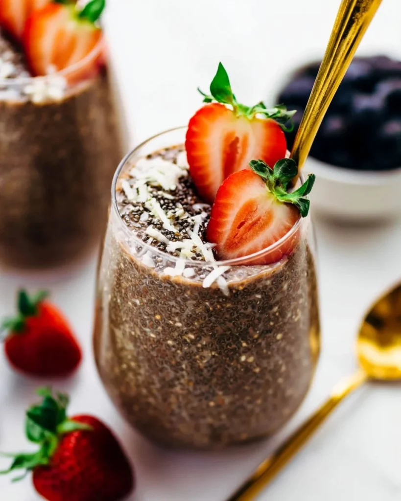 Delicious Chocolate Chia Pudding topped with fresh fruit