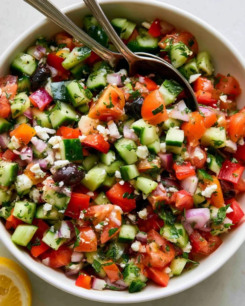 Chopped Mediterranean Cucumber Salad topped with herbs and feta cheese