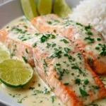 Coconut Lime Poached Salmon served with fresh herbs and lime wedges.