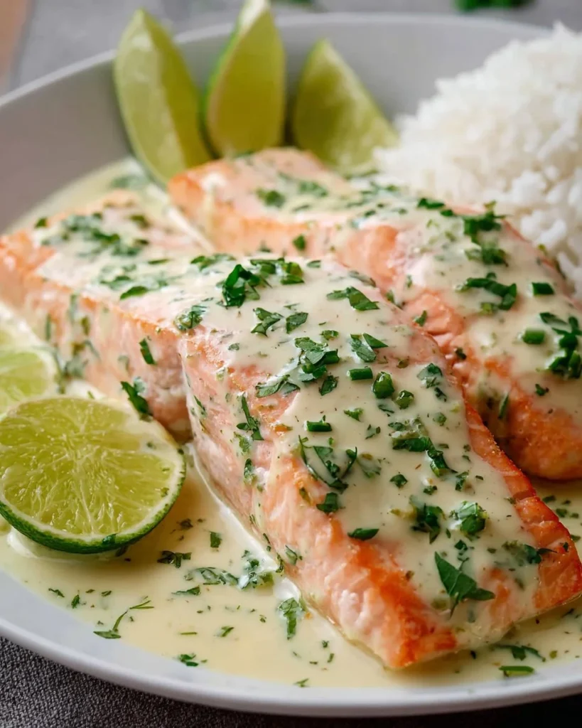 Coconut Lime Poached Salmon served with fresh herbs and lime wedges.
