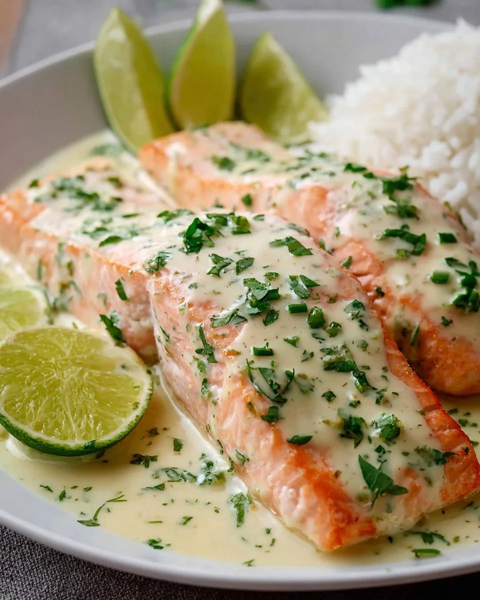 Coconut Lime Poached Salmon served with fresh herbs and lime wedges.