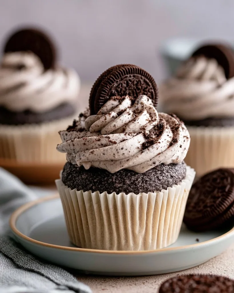 Delicious Cookies and Cream Cupcakes topped with Oreo pieces