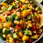 Bowl of colorful Corn Mango Avocado Salsa with fresh ingredients