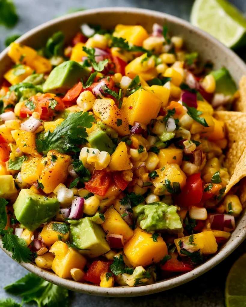 Bowl of colorful Corn Mango Avocado Salsa with fresh ingredients