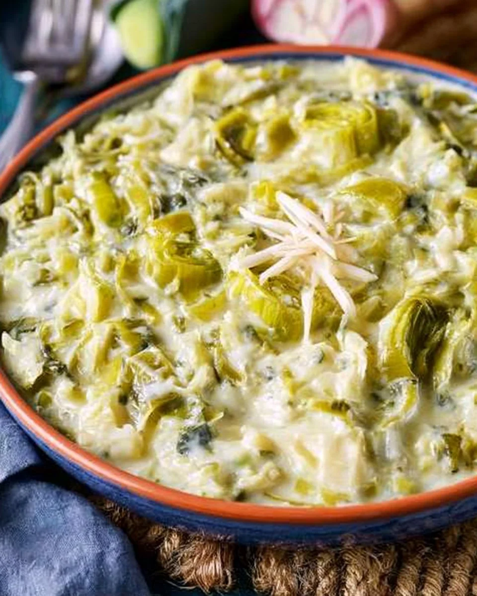 Delicious creamed leeks served in a bowl with herbs and spices