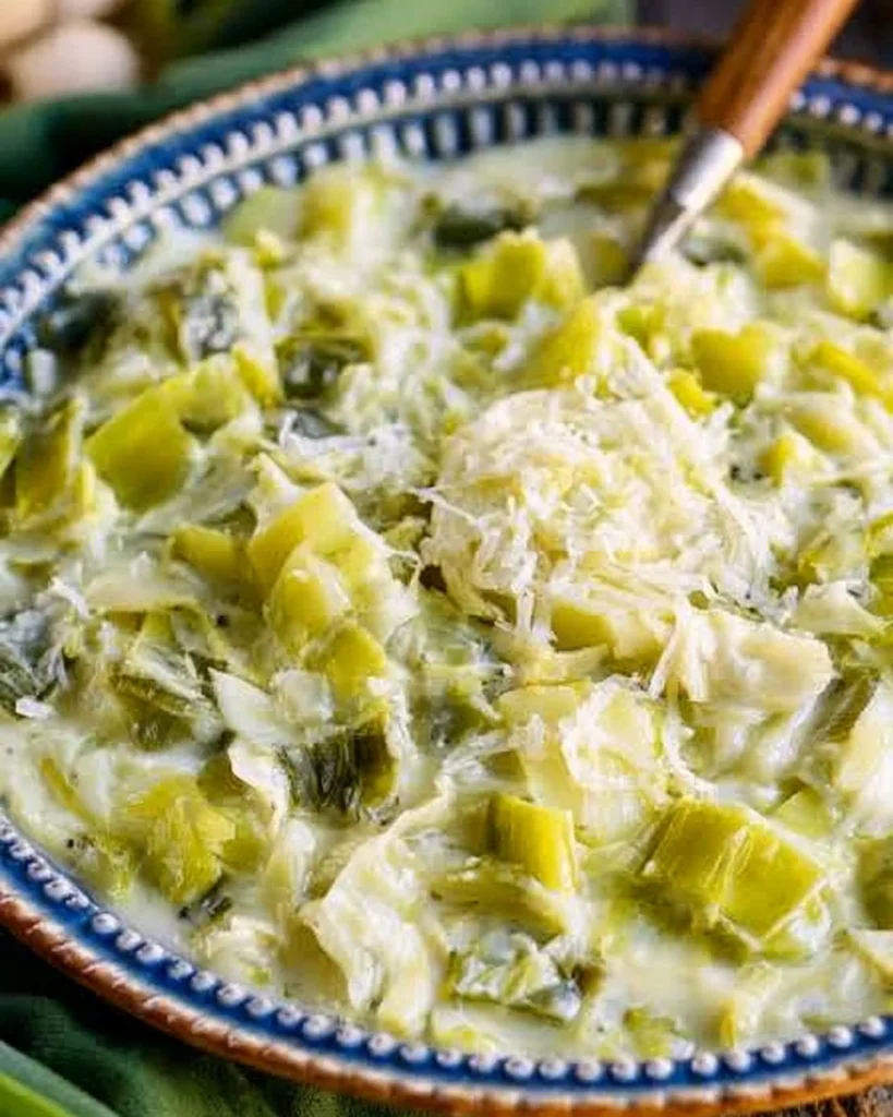 Delicious creamed leeks garnished with herbs on a plate