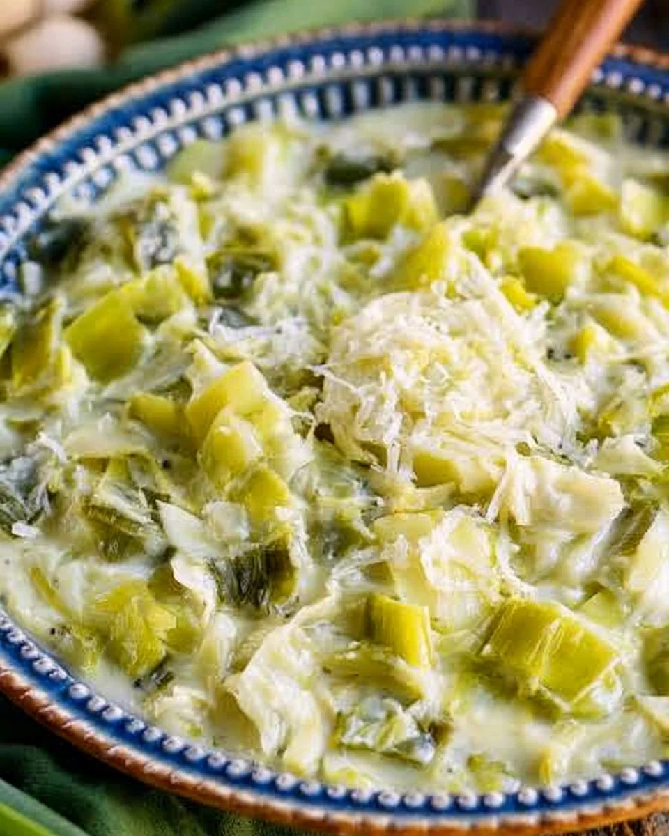 Delicious creamed leeks garnished with herbs on a plate