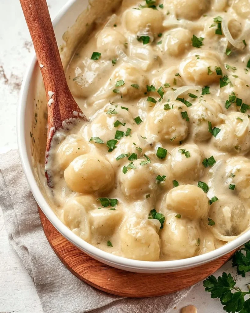 A bowl of creamy, savory creamed onions garnished with herbs.