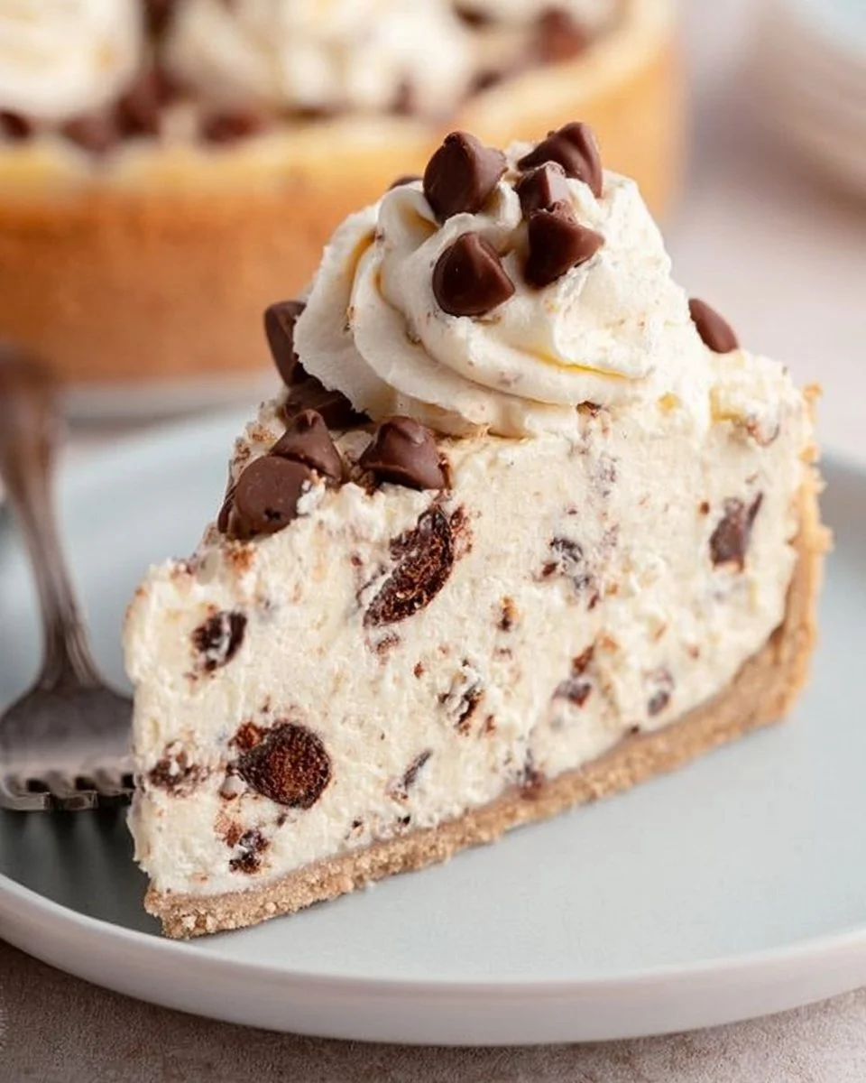 A slice of creamy no-bake cannoli cheesecake topped with chocolate chips and pistachios