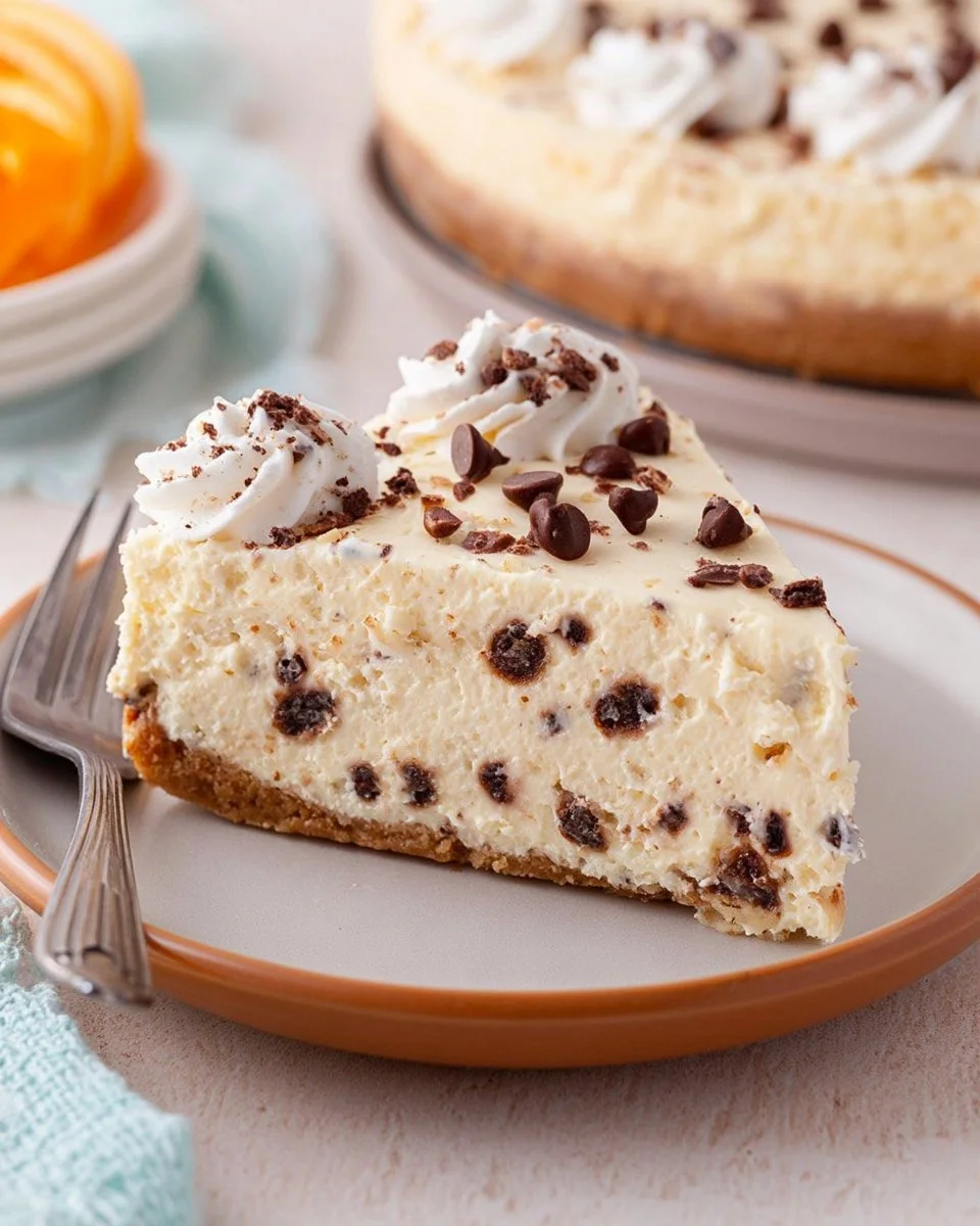 Creamy no-bake cannoli cheesecake topped with chocolate chips and whipped cream