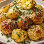 Creamy Parmesan Oven-Baked Potatoes on a plate with garnish
