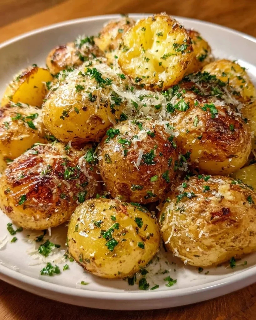 Creamy Parmesan Oven-Baked Potatoes on a plate with garnish